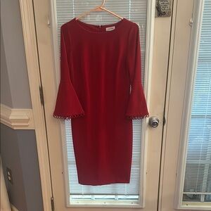 Calvin Klein Red Sheath Dress with Bell Sleeves